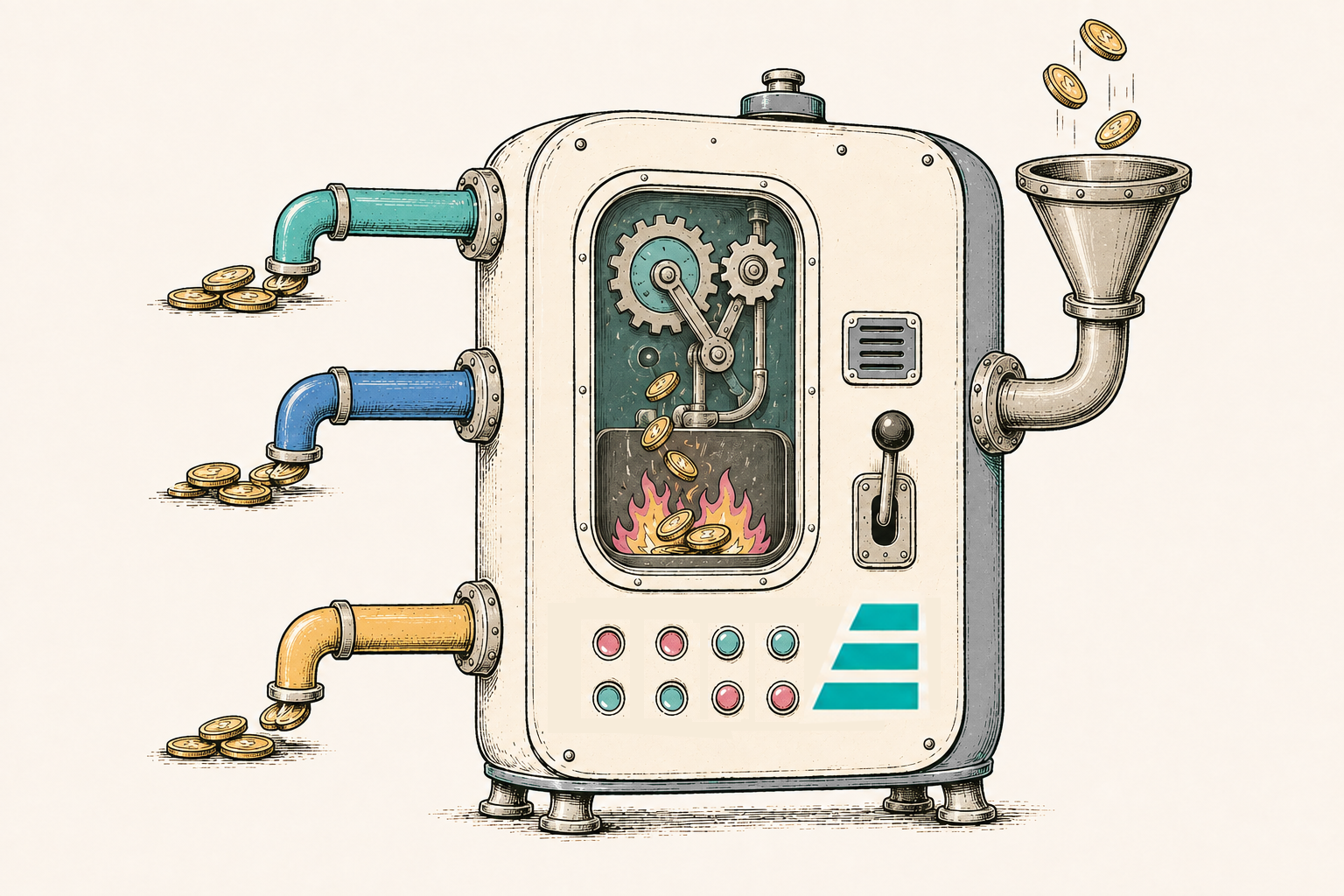 A vintage machine with the three-bar teal VEND mark. Coins fall into a top-facing funnel on the right, three colored pipes dispense left, and a window reveals coins falling into an internal furnace.